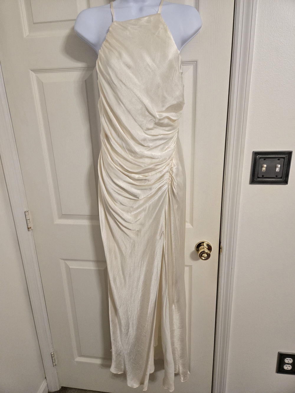 Mable Satin Ruched Halter Maxi Dress in Ivory Size Medium